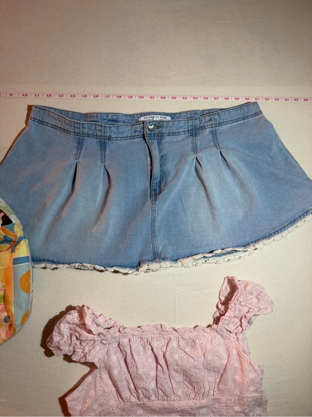 Celebrity Pink Light Blue Denim Skirt with Lace Hem